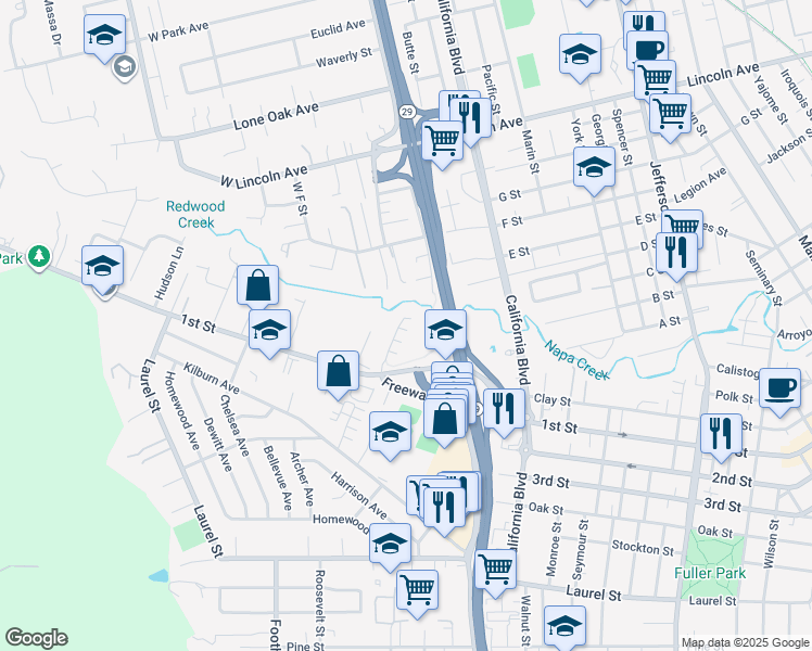 map of restaurants, bars, coffee shops, grocery stores, and more near 2608 1st Street in Napa