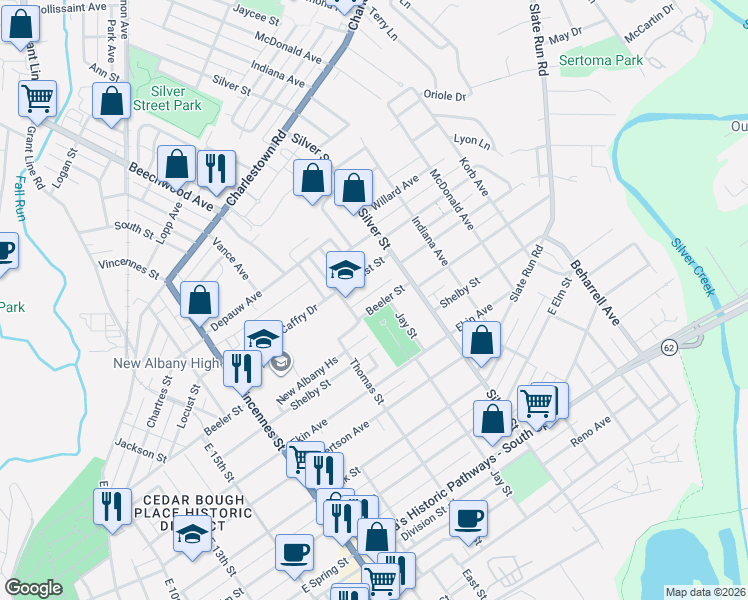 map of restaurants, bars, coffee shops, grocery stores, and more near 2008 Lindbergh Court in New Albany