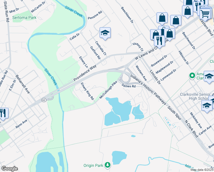 map of restaurants, bars, coffee shops, grocery stores, and more near 1013 McCullough Pike in Clarksville