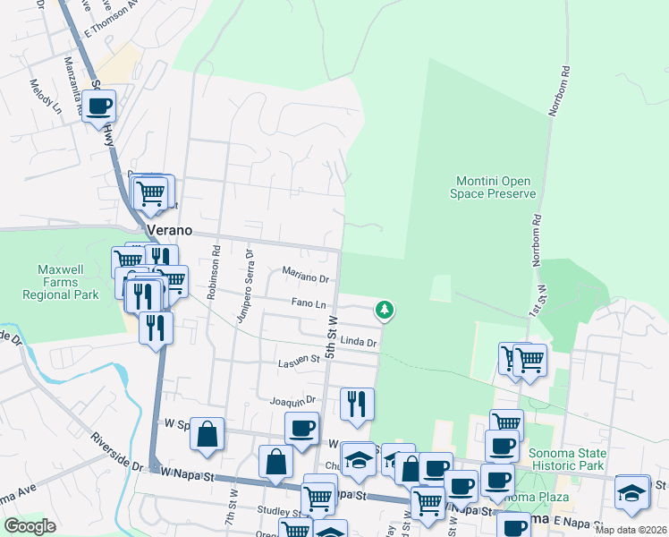 map of restaurants, bars, coffee shops, grocery stores, and more near 516 Mariano Drive in Sonoma