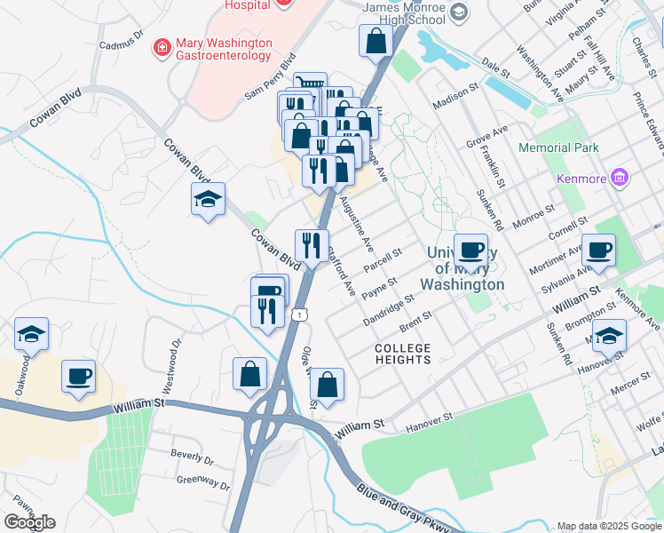 map of restaurants, bars, coffee shops, grocery stores, and more near 1616 Stafford Avenue in Fredericksburg