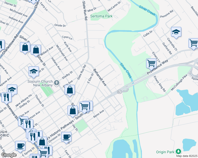 map of restaurants, bars, coffee shops, grocery stores, and more near 2411 Spring Avenue in New Albany