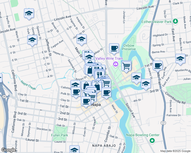 map of restaurants, bars, coffee shops, grocery stores, and more near 1030 Clinton Street in Napa