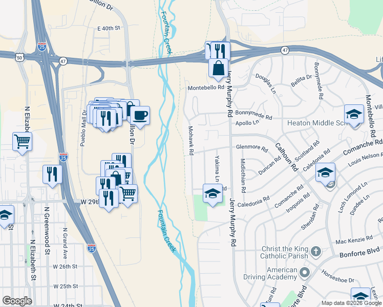map of restaurants, bars, coffee shops, grocery stores, and more near 2 Glenmore Road in Pueblo