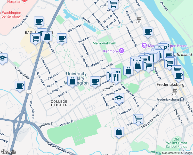 map of restaurants, bars, coffee shops, grocery stores, and more near 913 Mortimer Avenue in Fredericksburg