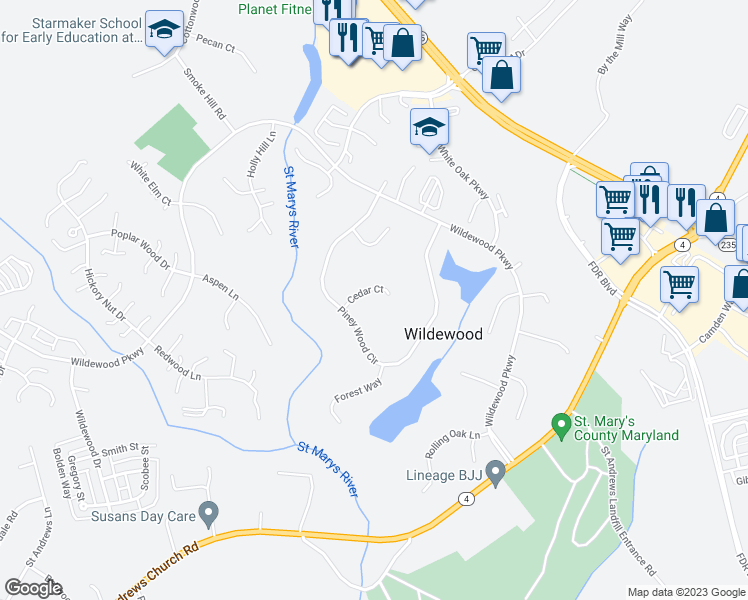 map of restaurants, bars, coffee shops, grocery stores, and more near 44607 Cedar Court in California
