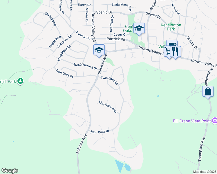 map of restaurants, bars, coffee shops, grocery stores, and more near 1135 Mountain View Circle in Napa