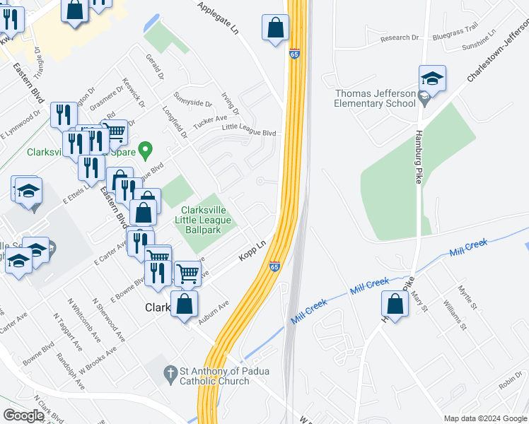 map of restaurants, bars, coffee shops, grocery stores, and more near 45 Camden Court in Clarksville