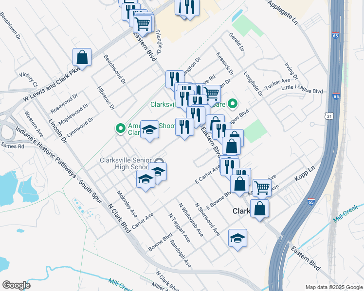map of restaurants, bars, coffee shops, grocery stores, and more near 821 Eastern Boulevard in Clarksville