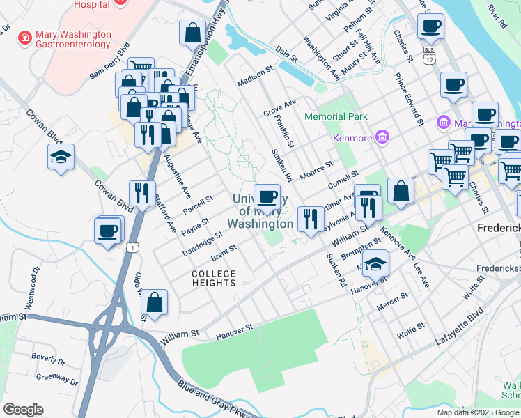 map of restaurants, bars, coffee shops, grocery stores, and more near 1301 College Avenue in Fredericksburg