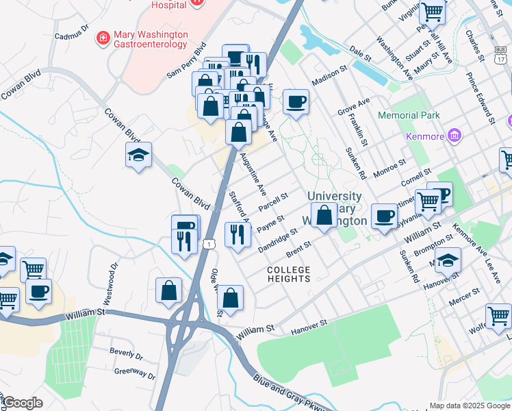 map of restaurants, bars, coffee shops, grocery stores, and more near 1313 Parcell Street in Fredericksburg