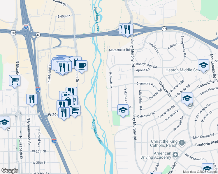 map of restaurants, bars, coffee shops, grocery stores, and more near 1825 Mohawk Road in Pueblo