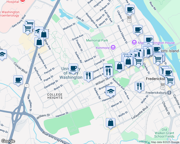 map of restaurants, bars, coffee shops, grocery stores, and more near 913 Mortimer Avenue in Fredericksburg