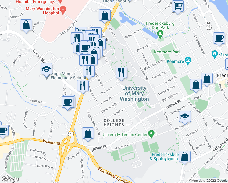map of restaurants, bars, coffee shops, grocery stores, and more near 1219 Payne Street in Fredericksburg