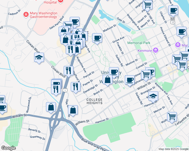 map of restaurants, bars, coffee shops, grocery stores, and more near 1219 Payne Street in Fredericksburg
