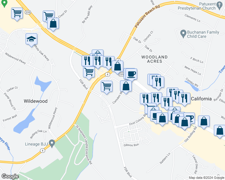 map of restaurants, bars, coffee shops, grocery stores, and more near 44950 Worth Avenue in California