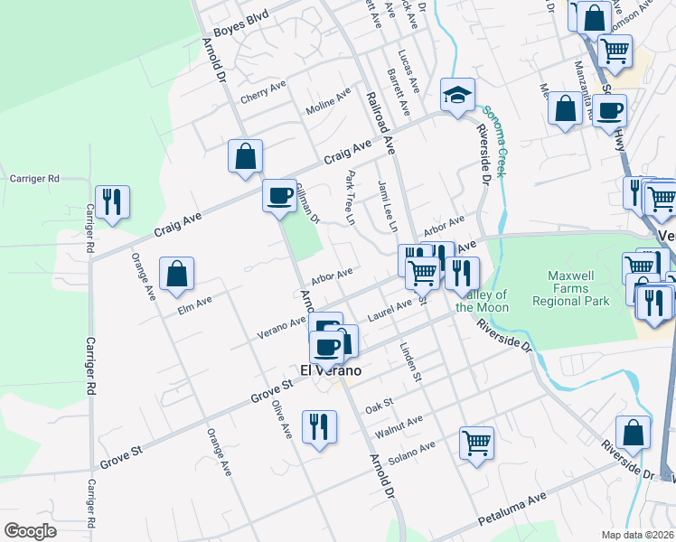 map of restaurants, bars, coffee shops, grocery stores, and more near 910 Arbor Avenue in Sonoma