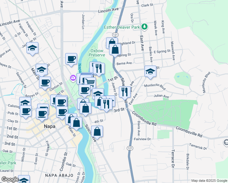 map of restaurants, bars, coffee shops, grocery stores, and more near 442 Post Street in Napa