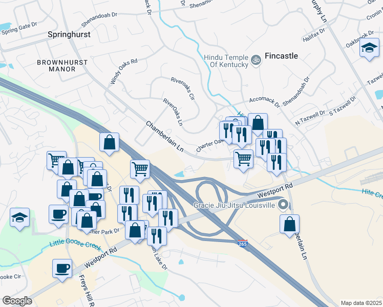 map of restaurants, bars, coffee shops, grocery stores, and more near 3811 Chamberlain Lane in Louisville