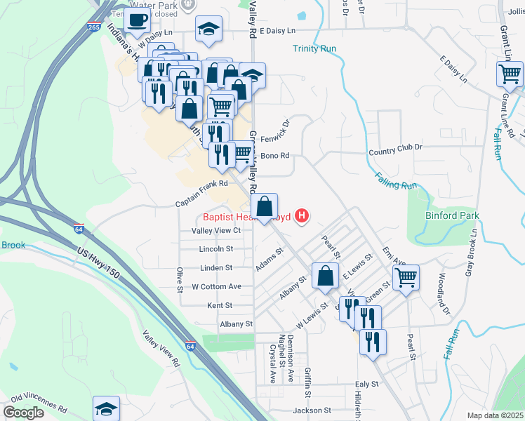 map of restaurants, bars, coffee shops, grocery stores, and more near 1919 State Street in New Albany