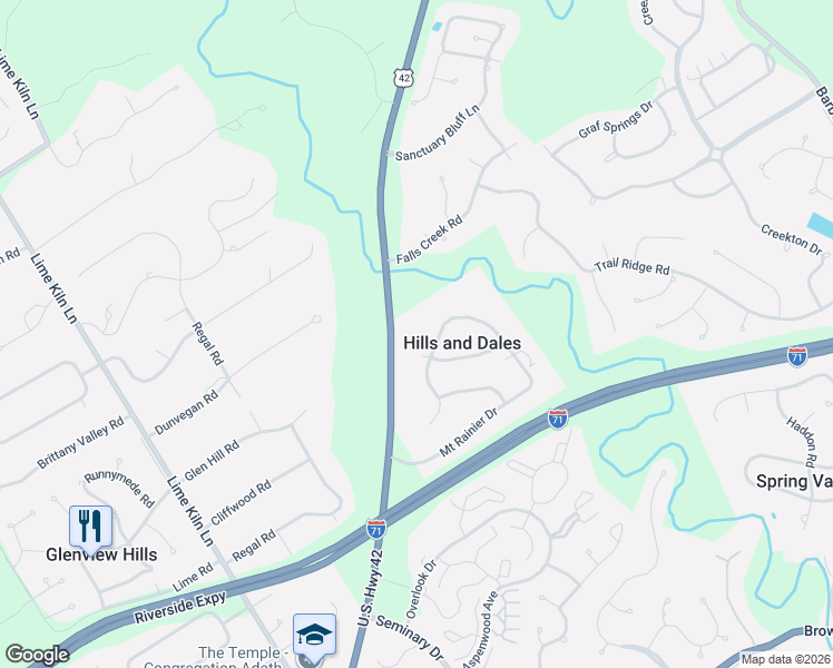 map of restaurants, bars, coffee shops, grocery stores, and more near 3421 Mount Rainier Drive in Louisville