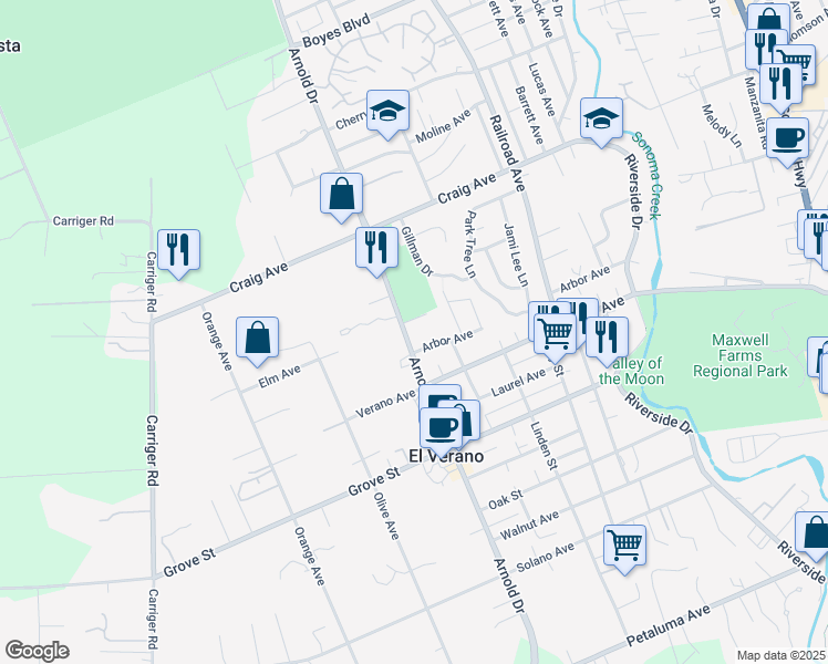 map of restaurants, bars, coffee shops, grocery stores, and more near 18837 Arnold Drive in Sonoma