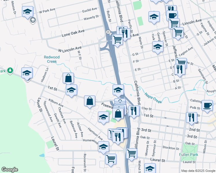 map of restaurants, bars, coffee shops, grocery stores, and more near 2608 1st Street in Napa