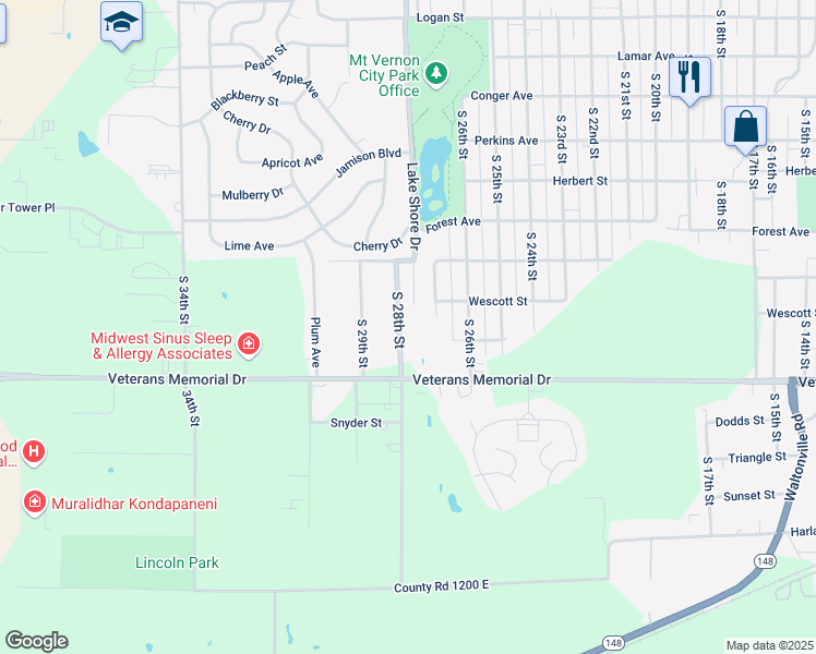 map of restaurants, bars, coffee shops, grocery stores, and more near 1314-1498 South 28th Street in Mount Vernon