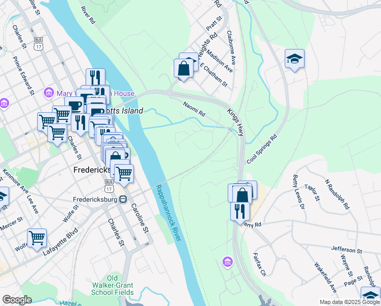 map of restaurants, bars, coffee shops, grocery stores, and more near 11 Dairy Lane in Fredericksburg