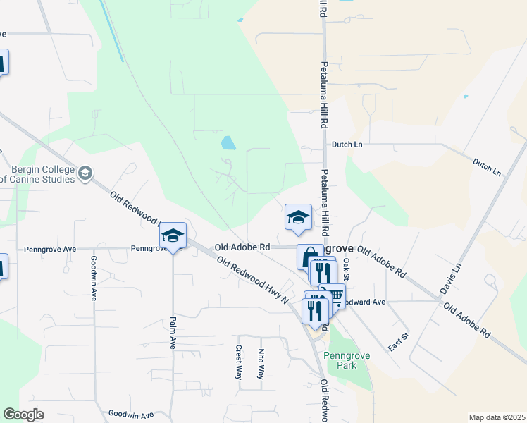 map of restaurants, bars, coffee shops, grocery stores, and more near 694 Matsons Lane in Penngrove