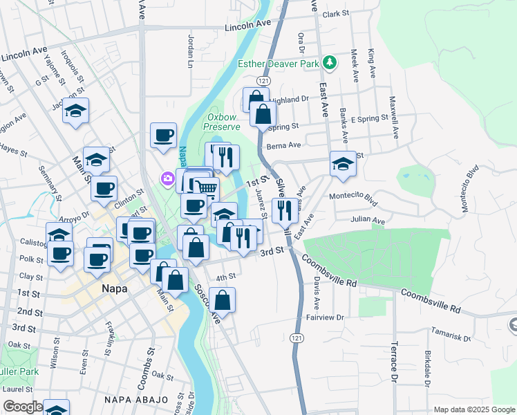 map of restaurants, bars, coffee shops, grocery stores, and more near 442 Post Street in Napa