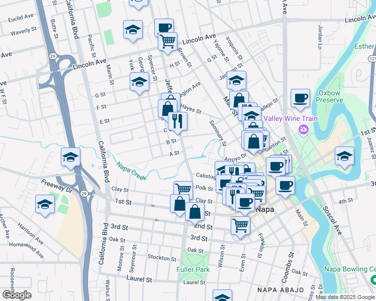 map of restaurants, bars, coffee shops, grocery stores, and more near in Napa