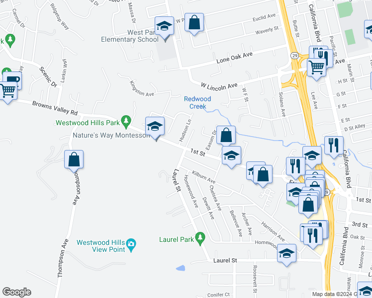 map of restaurants, bars, coffee shops, grocery stores, and more near 3260 Laurel Street in Napa