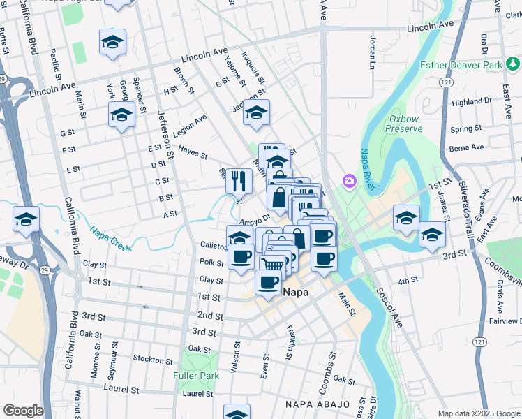 map of restaurants, bars, coffee shops, grocery stores, and more near 1305 Arroyo Drive in Napa