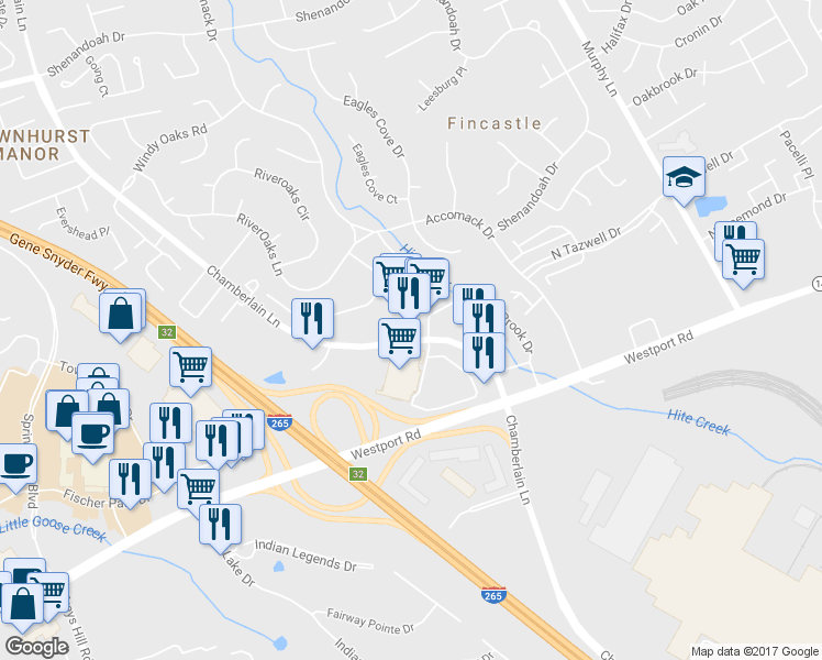 map of restaurants, bars, coffee shops, grocery stores, and more near 3707 Chamberlain Lane in Louisville