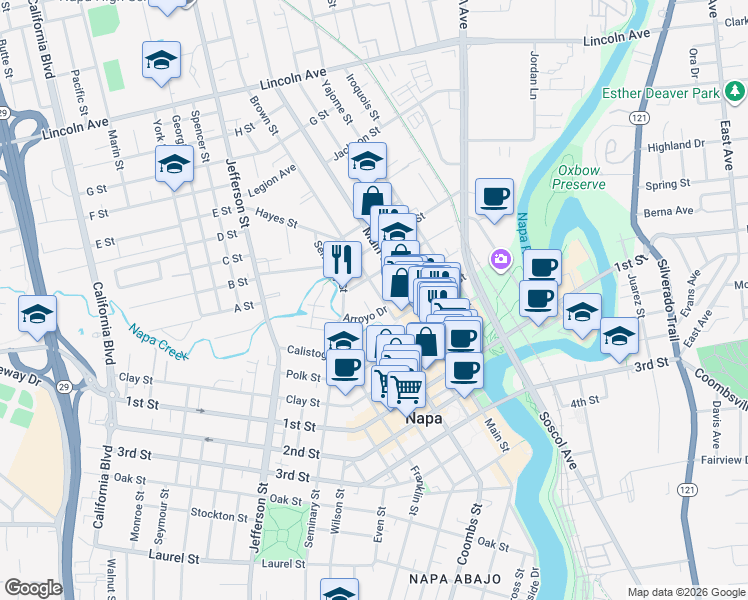 map of restaurants, bars, coffee shops, grocery stores, and more near 1403 Brown Street in Napa