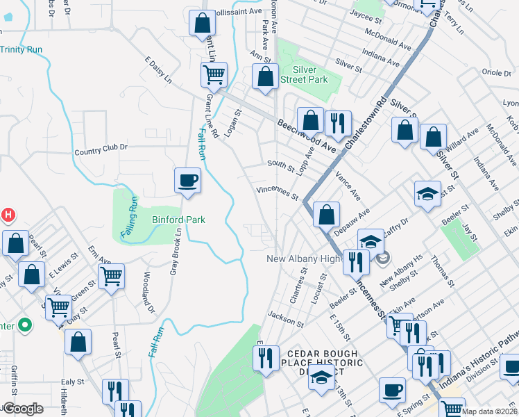 map of restaurants, bars, coffee shops, grocery stores, and more near 1723 Grant Line Road in New Albany