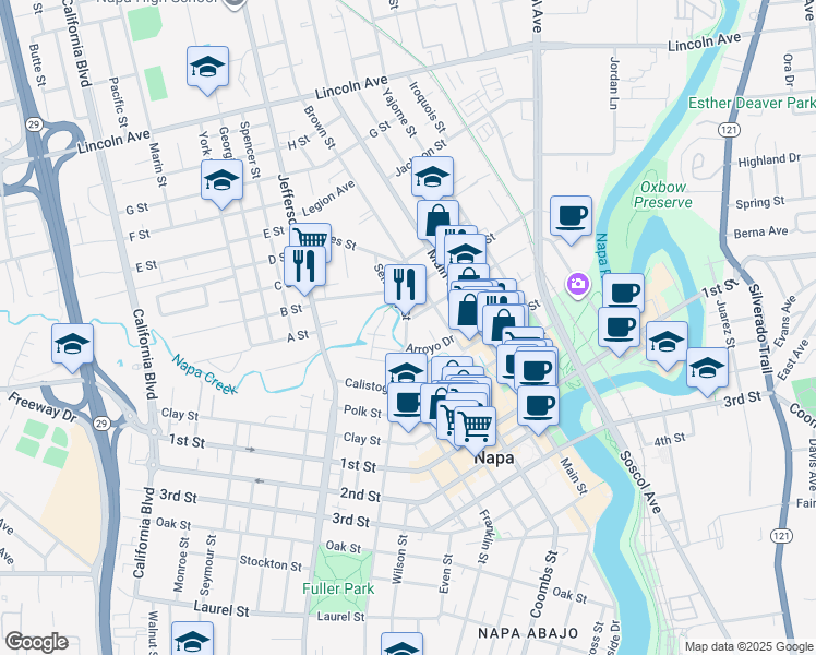 map of restaurants, bars, coffee shops, grocery stores, and more near 1550 Seminary Street in Napa