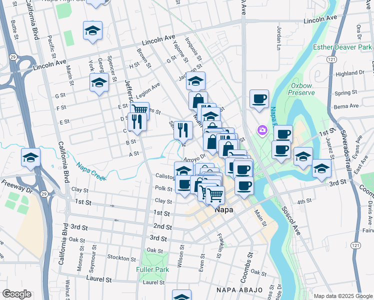 map of restaurants, bars, coffee shops, grocery stores, and more near 1165 Napa Street in Napa