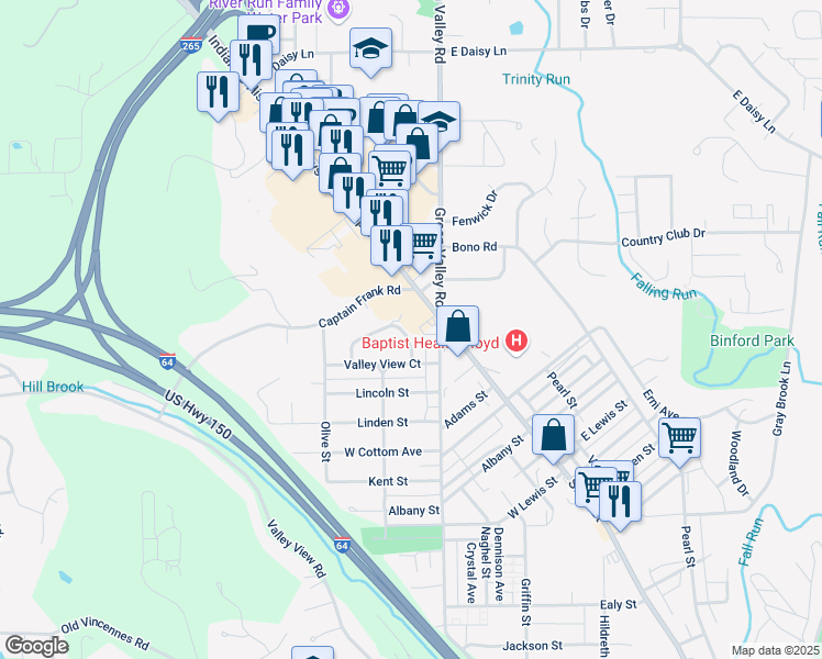 map of restaurants, bars, coffee shops, grocery stores, and more near 3 Valley View Court in New Albany