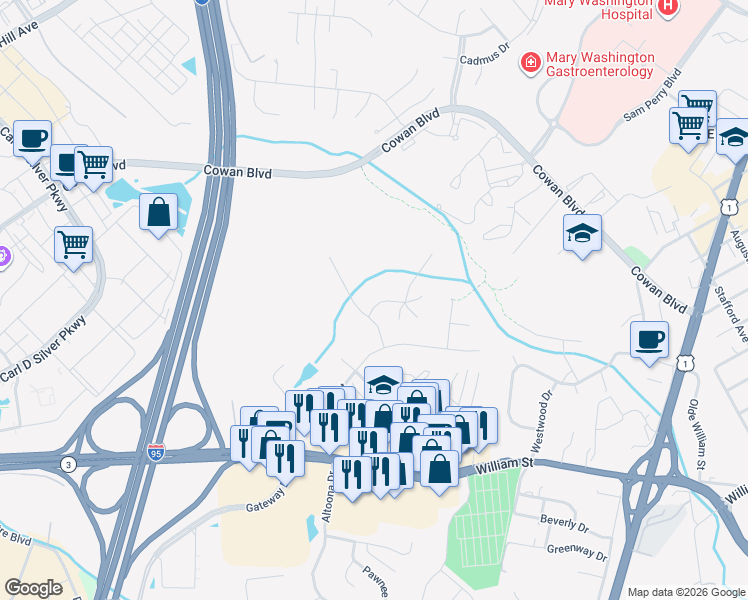 map of restaurants, bars, coffee shops, grocery stores, and more near 1003 Hickory Court in Fredericksburg