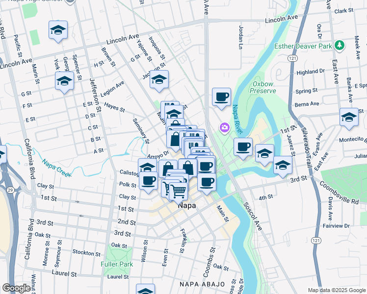 map of restaurants, bars, coffee shops, grocery stores, and more near 1030 Clinton Street in Napa