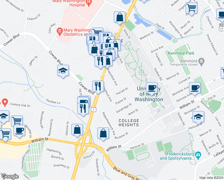 map of restaurants, bars, coffee shops, grocery stores, and more near 1316 Rowe Street in Fredericksburg