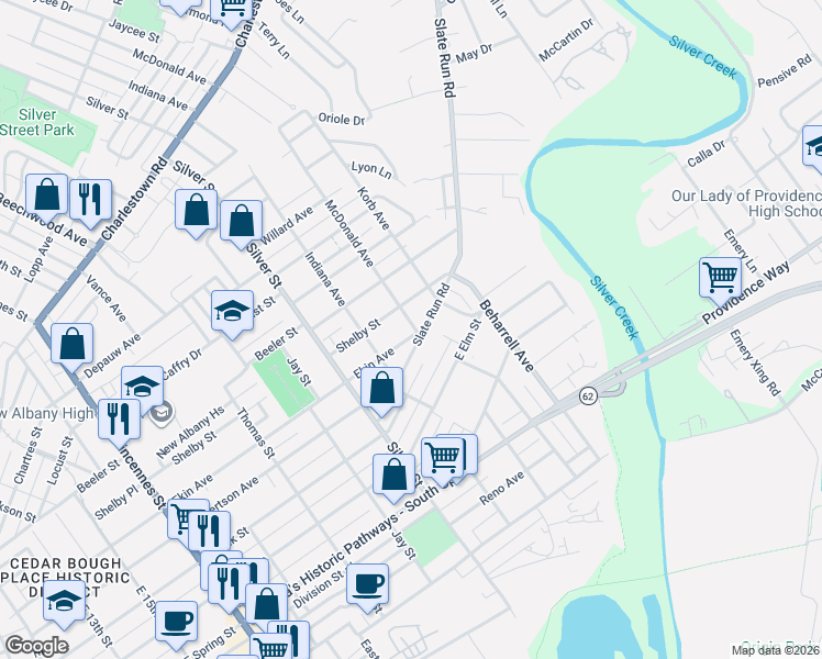 map of restaurants, bars, coffee shops, grocery stores, and more near 2233 East Oak Street in New Albany