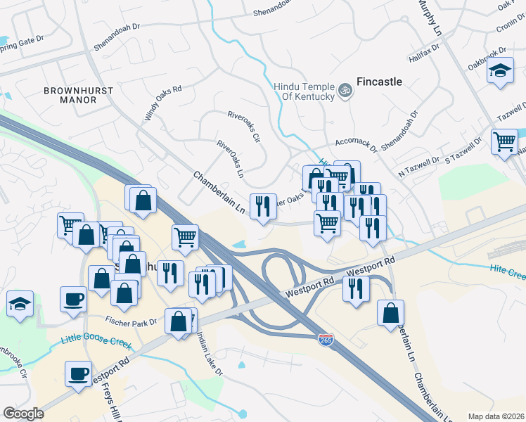 map of restaurants, bars, coffee shops, grocery stores, and more near 3812 Chamberlain Lane in Louisville