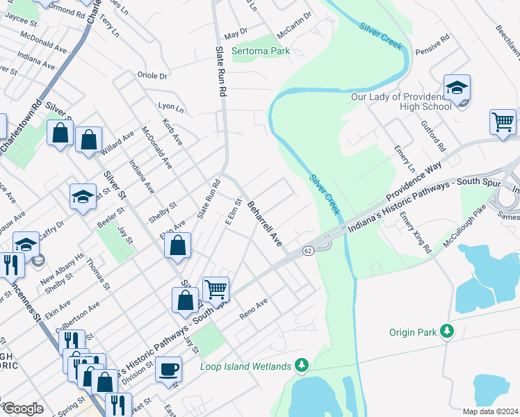 map of restaurants, bars, coffee shops, grocery stores, and more near 510 Beharrell Avenue in New Albany