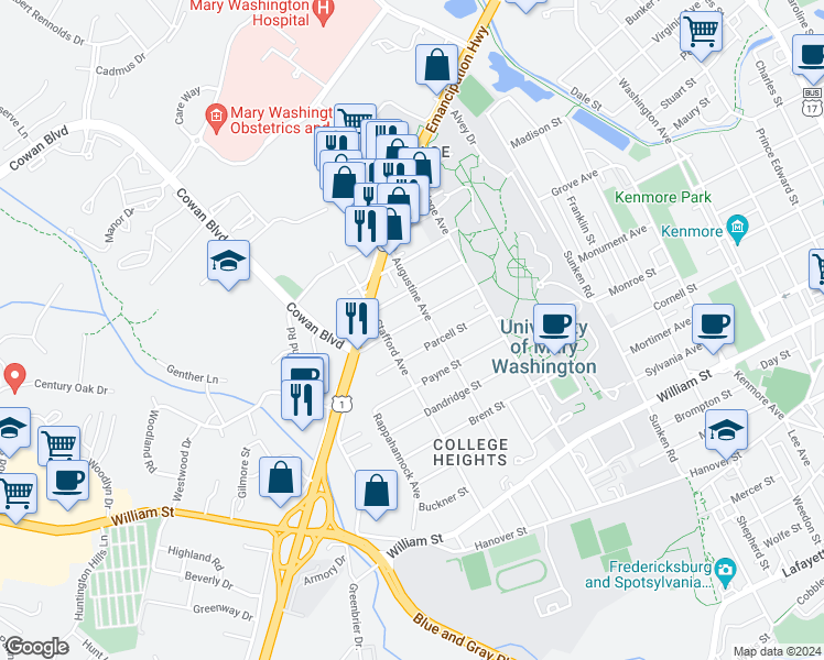 map of restaurants, bars, coffee shops, grocery stores, and more near 1312 Rowe Street in Fredericksburg