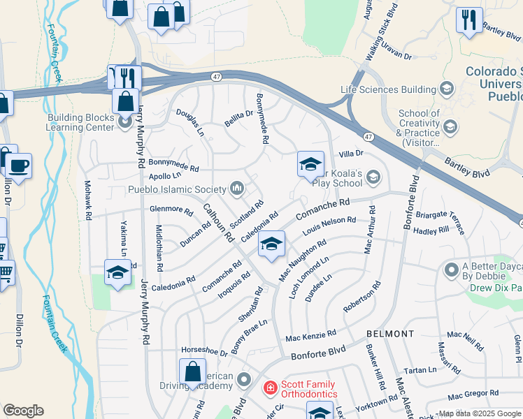 map of restaurants, bars, coffee shops, grocery stores, and more near 62 Caledonia Road in Pueblo