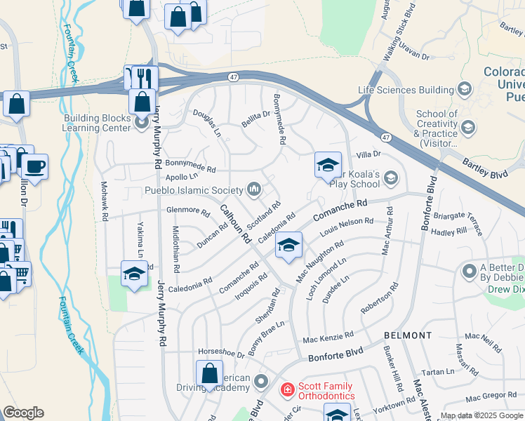 map of restaurants, bars, coffee shops, grocery stores, and more near 58 Scotland Road in Pueblo