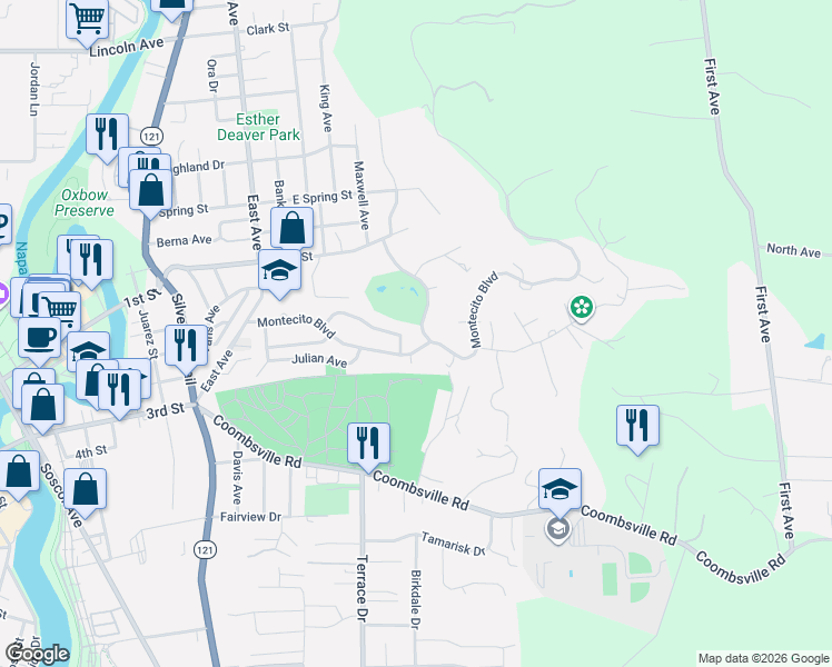 map of restaurants, bars, coffee shops, grocery stores, and more near 295 Montecito Boulevard in Napa